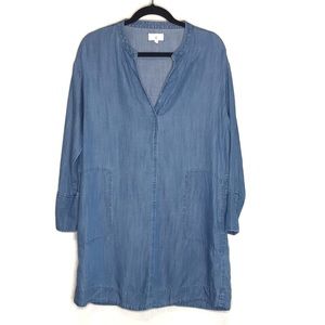 LOU & GREY Chambray Lyocell/Linen Split Neck tunic dress with pockets